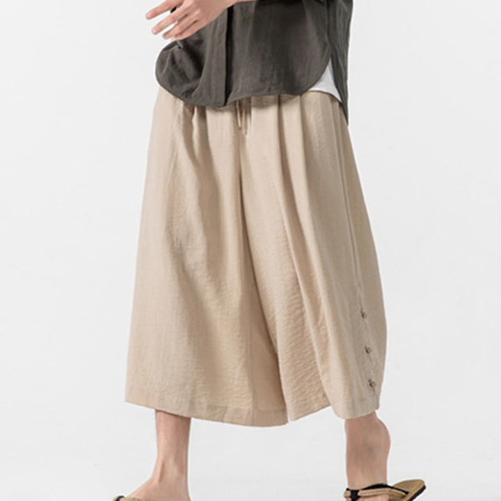 Pantalones casuales holgados de algodón Buddha Stones con botones de rana para hombre, de pierna ancha y bolsillos, de largo 7-8 - image 5