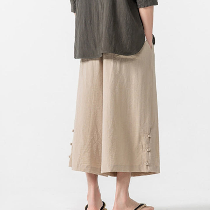 Pantalones casuales holgados de algodón Buddha Stones con botones de rana para hombre, de pierna ancha y bolsillos, de largo 7-8 - image 4