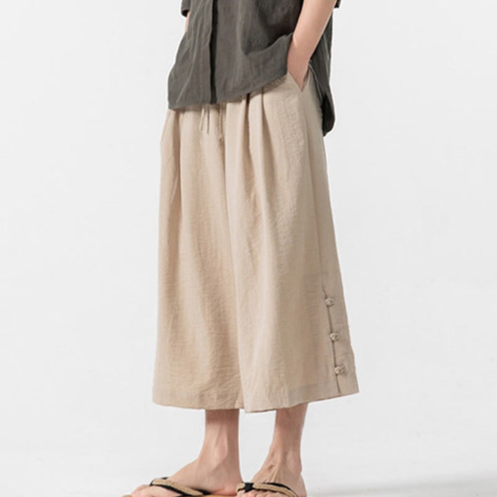 Pantalones casuales holgados de algodón Buddha Stones con botones de rana para hombre, de pierna ancha y bolsillos, de largo 7-8 - image 3