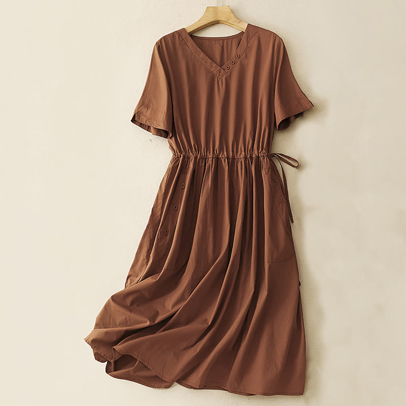 Vestido midi de lino y algodón con cuello en V y media manga, diseño de Buddha Stones Spring, con bolsillos - Chocolate - US8-10，UK/AU12-14，EU40-42 (2XL) - image 1