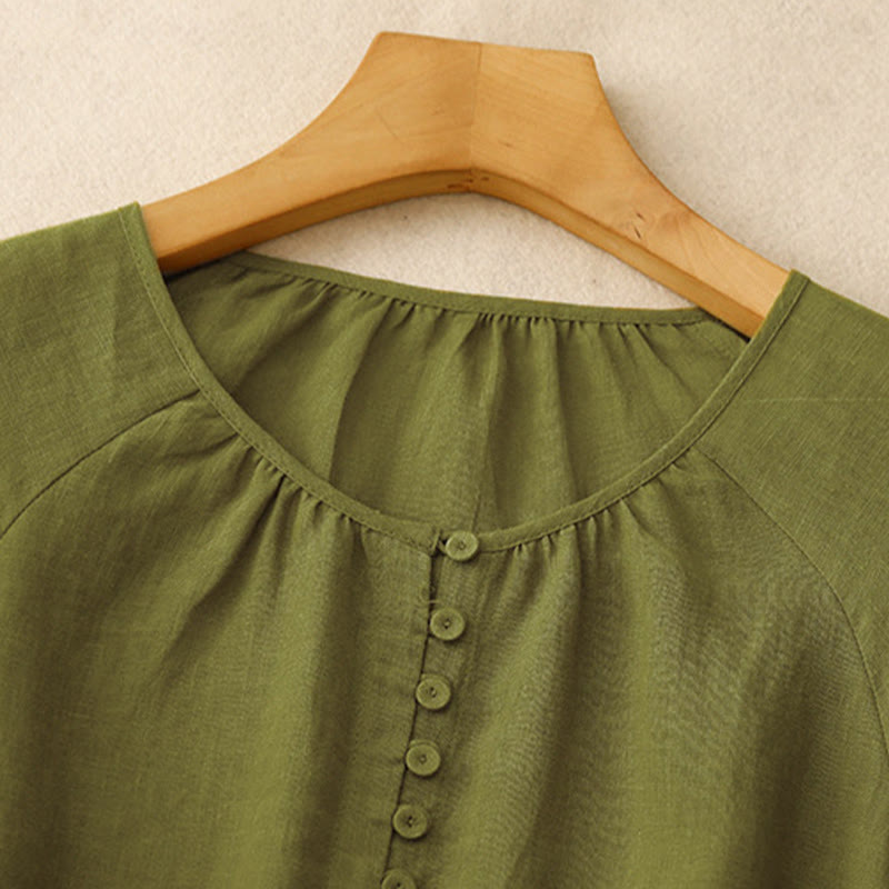 Vestido midi de lino y algodón con cuello redondo, mangas cortas y cordones, de Buddha Stones Spring - image 2