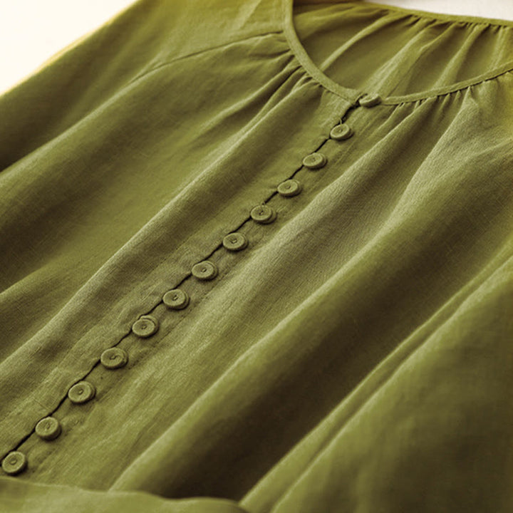 Vestido midi de lino y algodón con cuello redondo, mangas cortas y cordones, de Buddha Stones Spring - image 4