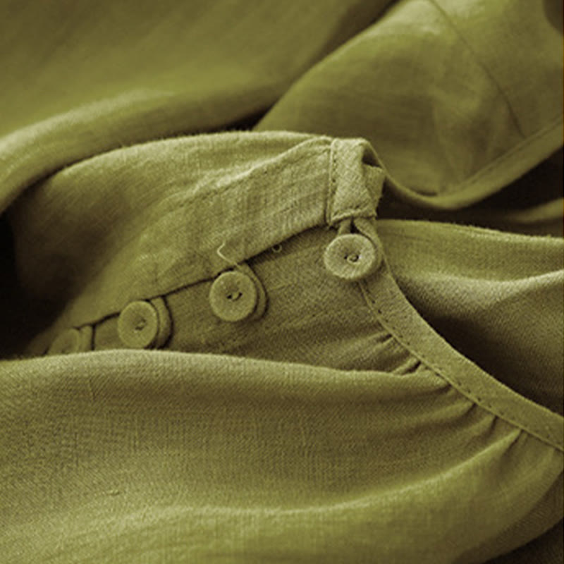 Vestido midi de lino y algodón con cuello redondo, mangas cortas y cordones, de Buddha Stones Spring - image 9