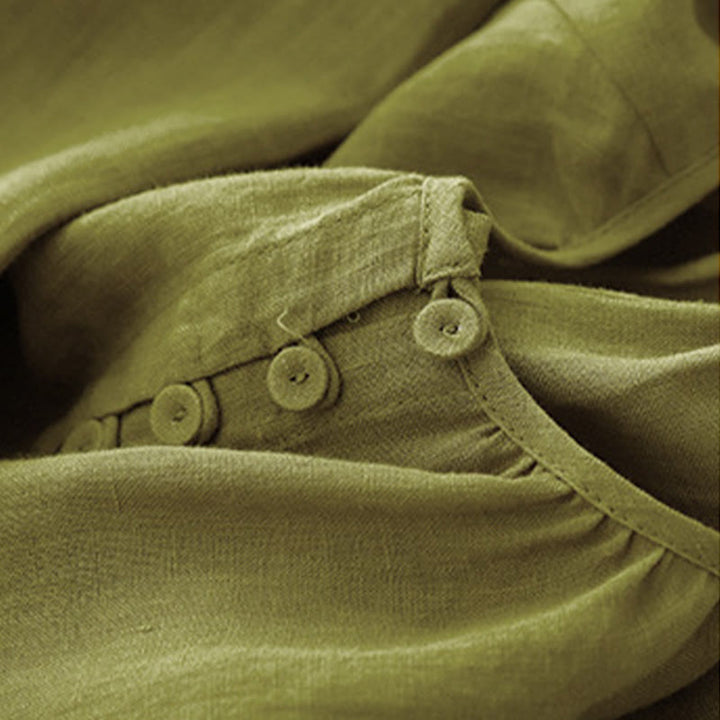 Vestido midi de lino y algodón con cuello redondo, mangas cortas y cordones, de Buddha Stones Spring - image 9