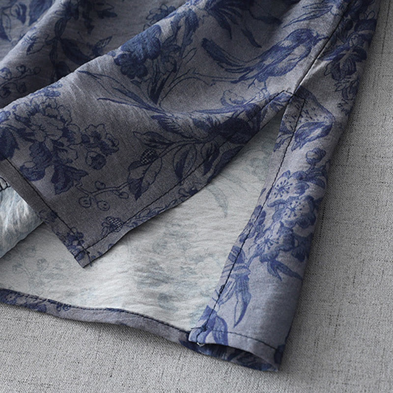 Vestido midi de algodón con cuello mandarín, media manga y botones de rana con estampado de hojas y flores de Buddha Stones - image 7