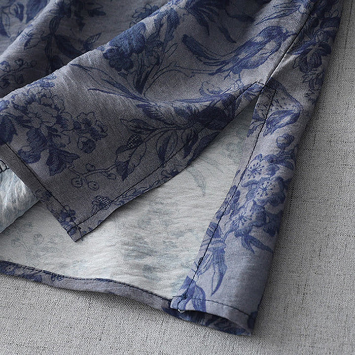 Vestido midi de algodón con cuello mandarín, media manga y botones de rana con estampado de hojas y flores de Buddha Stones - image 7