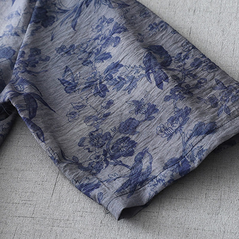 Vestido midi de algodón con cuello mandarín, media manga y botones de rana con estampado de hojas y flores de Buddha Stones - image 10