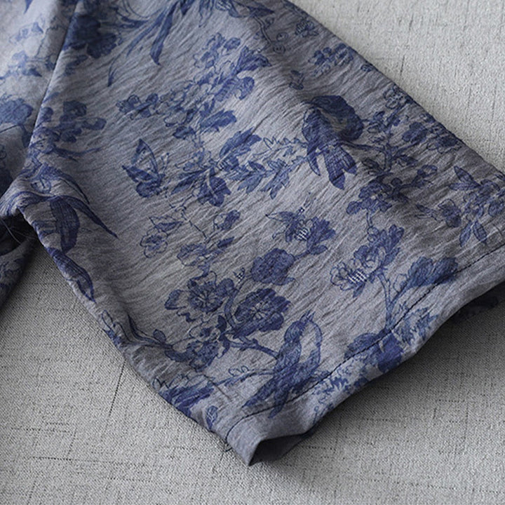 Vestido midi de algodón con cuello mandarín, media manga y botones de rana con estampado de hojas y flores de Buddha Stones - image 10