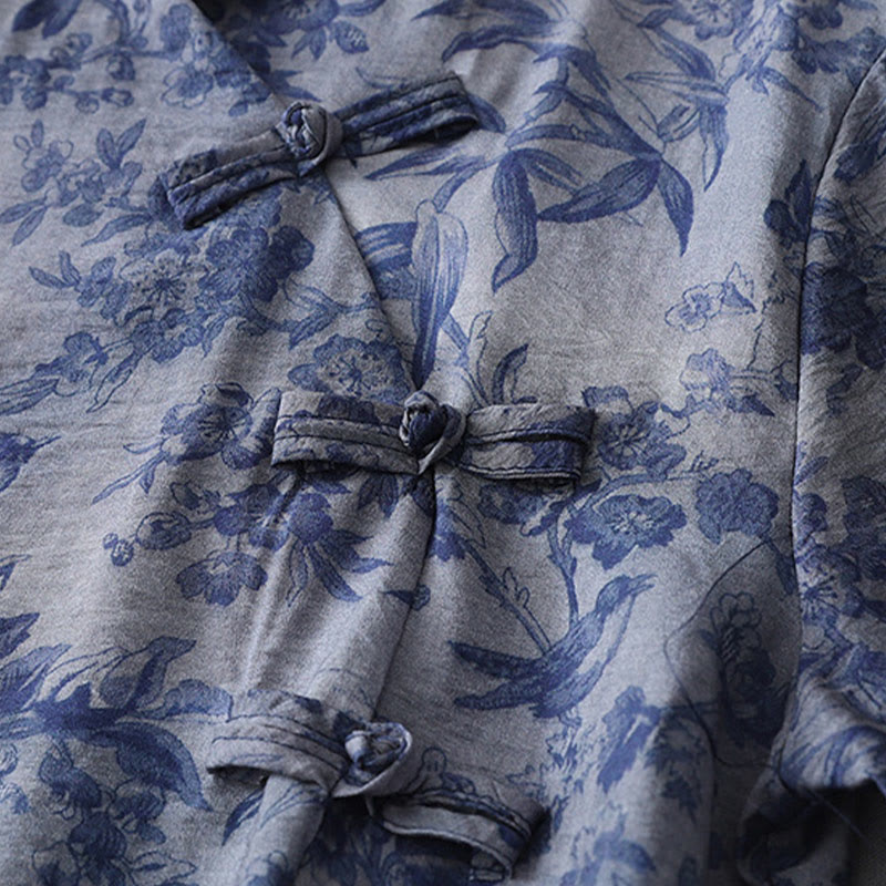 Vestido midi de algodón con cuello mandarín, media manga y botones de rana con estampado de hojas y flores de Buddha Stones - image 9