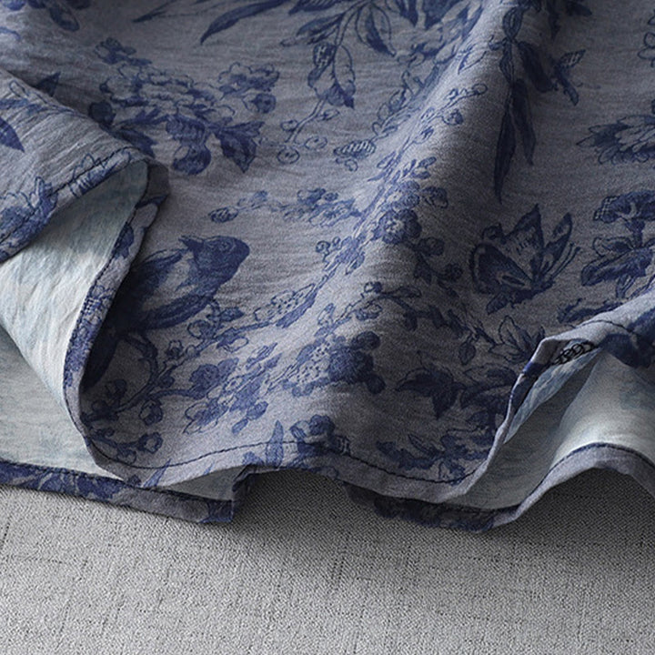 Vestido midi de algodón con cuello mandarín, media manga y botones de rana con estampado de hojas y flores de Buddha Stones - image 2