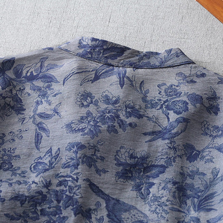 Vestido midi de algodón con cuello mandarín, media manga y botones de rana con estampado de hojas y flores de Buddha Stones - image 5