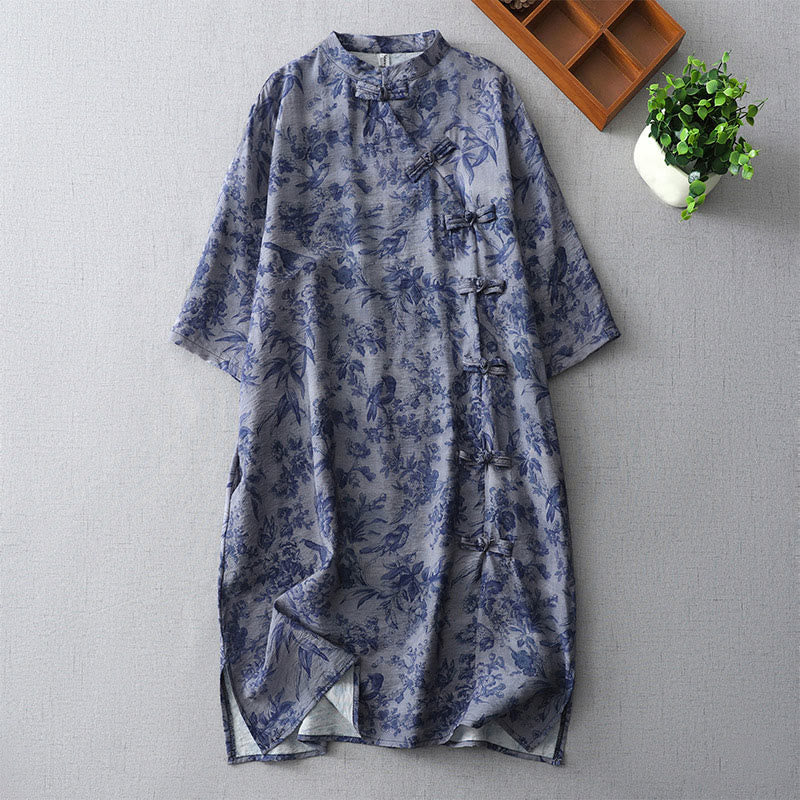 Vestido midi de algodón con cuello mandarín, media manga y botones de rana con estampado de hojas y flores de Buddha Stones - Azul real - US8-10，UK/AU12-14，EU40-42 (2XL) - image 0