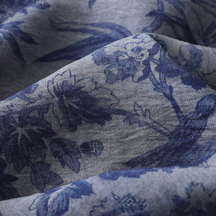 Vestido midi de algodón con cuello mandarín, media manga y botones de rana con estampado de hojas y flores de Buddha Stones - image 6