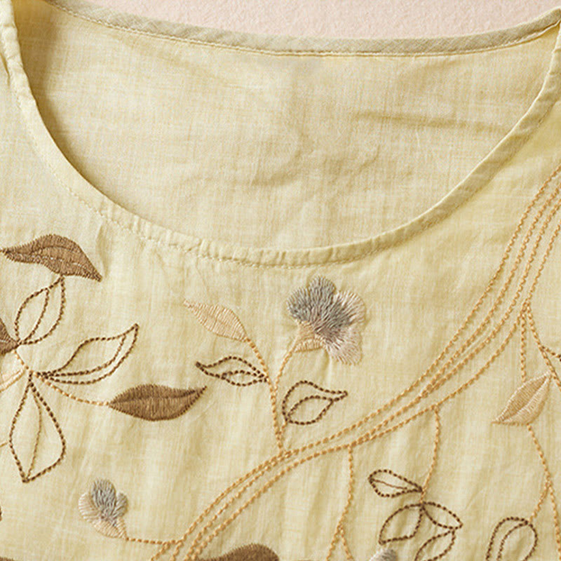 Vestido midi de algodón con cuello redondo, media manga y hojas bordadas con Buddha Stones - image 3