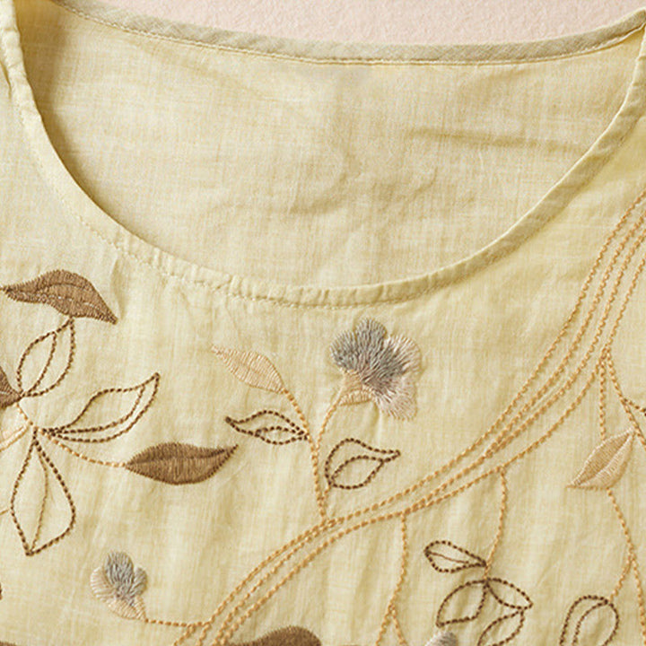 Vestido midi de algodón con cuello redondo, media manga y hojas bordadas con Buddha Stones - image 3