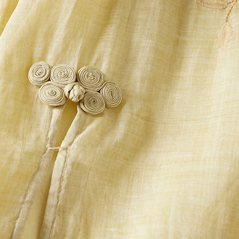 Vestido midi de algodón con cuello redondo, media manga y hojas bordadas con Buddha Stones - image 4