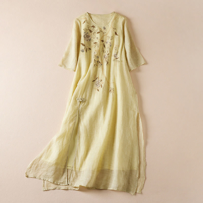 Vestido midi de algodón con cuello redondo, media manga y hojas bordadas con Buddha Stones - Caqui - US8-10，UK/AU12-14，EU40-42 (2XL) - image 0
