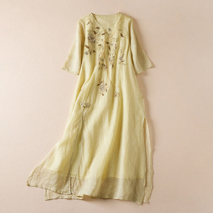 Vestido midi de algodón con cuello redondo, media manga y hojas bordadas con Buddha Stones - Caqui - US8-10，UK/AU12-14，EU40-42 (2XL) - image 0