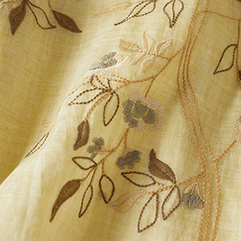 Vestido midi de algodón con cuello redondo, media manga y hojas bordadas con Buddha Stones - image 6