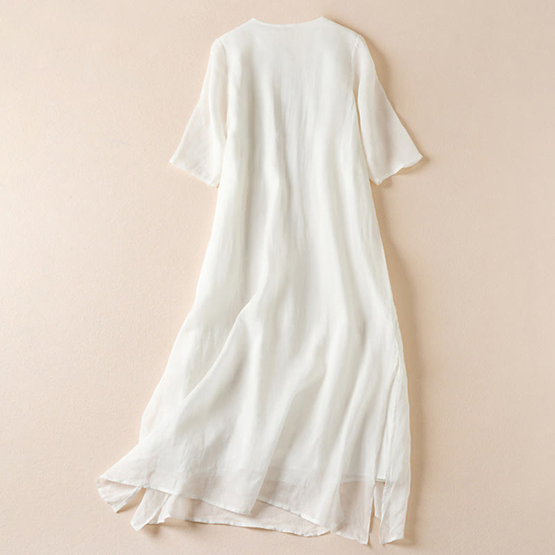 Vestido midi de algodón con cuello redondo, media manga y hojas bordadas con Buddha Stones - image 8