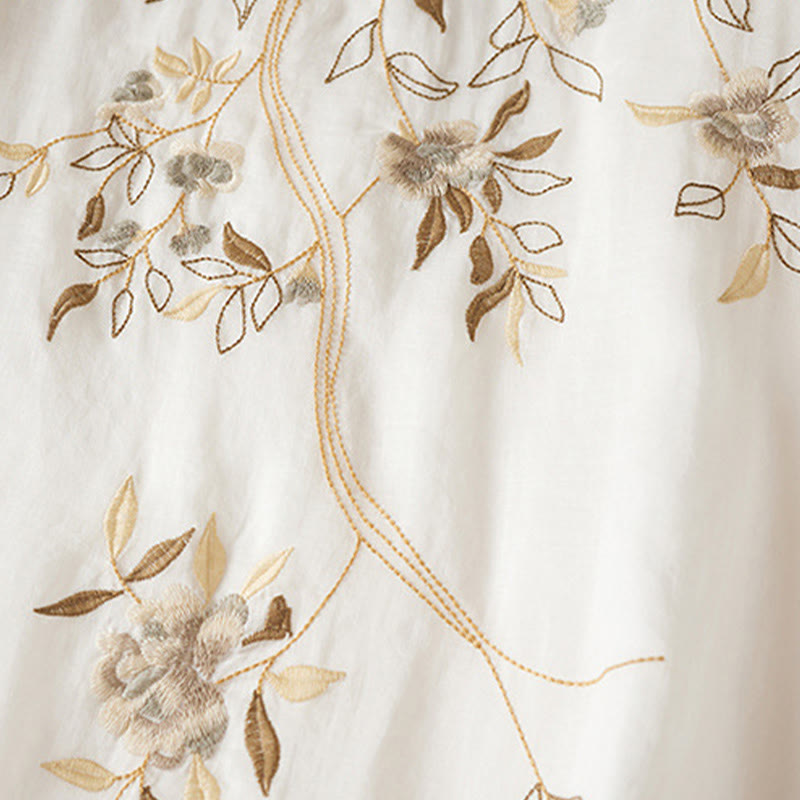 Vestido midi de algodón con cuello redondo, media manga y hojas bordadas con Buddha Stones - image 11