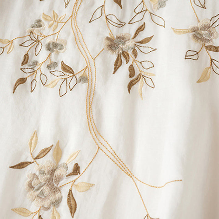 Vestido midi de algodón con cuello redondo, media manga y hojas bordadas con Buddha Stones - image 11