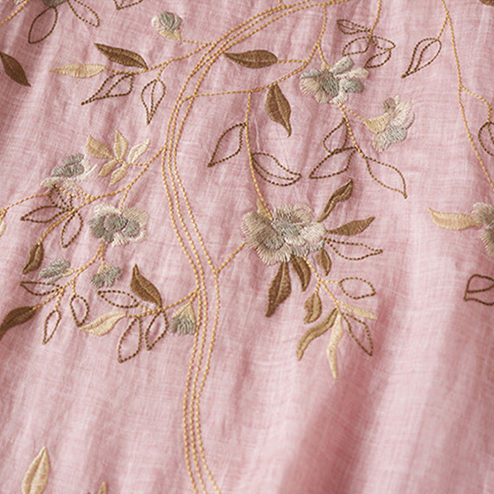 Vestido midi de algodón con cuello redondo, media manga y hojas bordadas con Buddha Stones - image 20