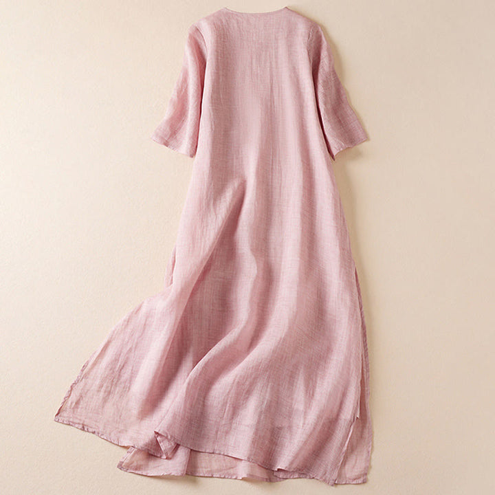 Vestido midi de algodón con cuello redondo, media manga y hojas bordadas con Buddha Stones - image 15