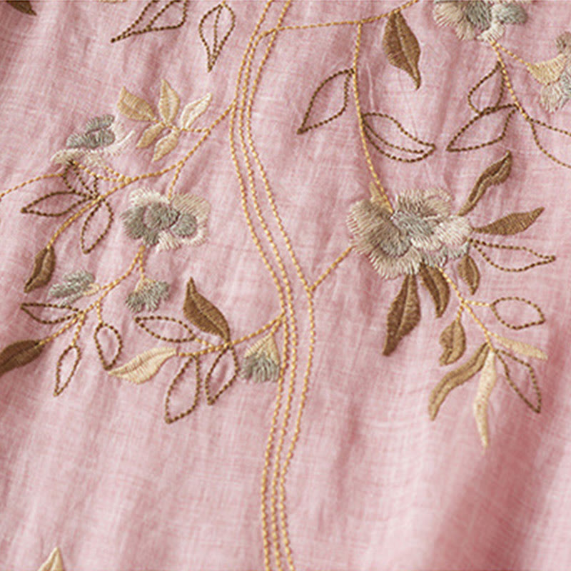 Vestido midi de algodón con cuello redondo, media manga y hojas bordadas con Buddha Stones - image 18