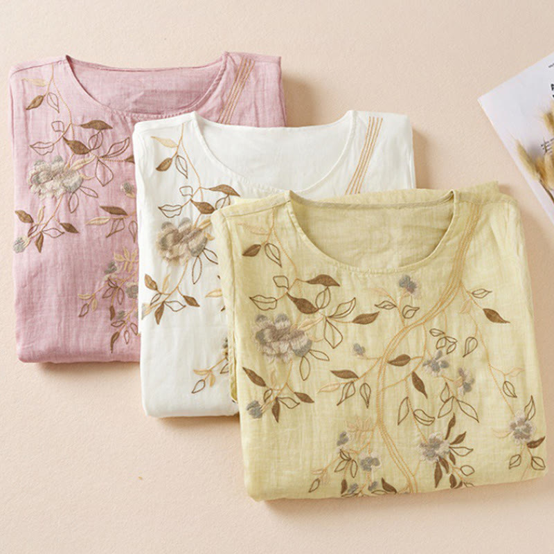 Vestido midi de algodón con cuello redondo, media manga y hojas bordadas con Buddha Stones - image 22