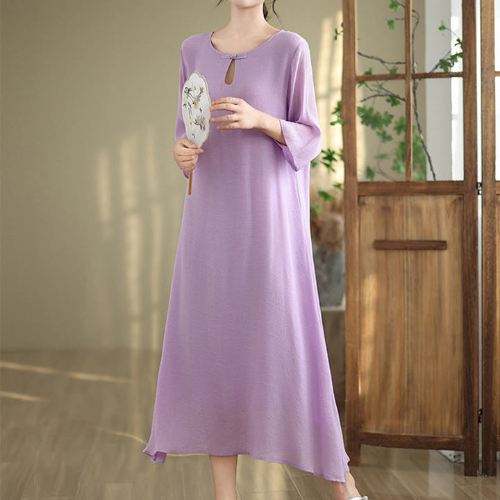 Vestido midi informal de algodón con cuello redondo, manga tres cuartos y botones de rana de Buddha Stones - Ciruela - US8-10，UK/AU12-14，EU40-42 (2XL) - image 0
