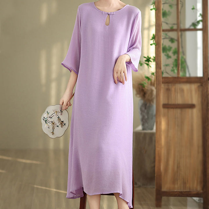 Vestido midi informal de algodón con cuello redondo, manga tres cuartos y botones de rana de Buddha Stones - image 3