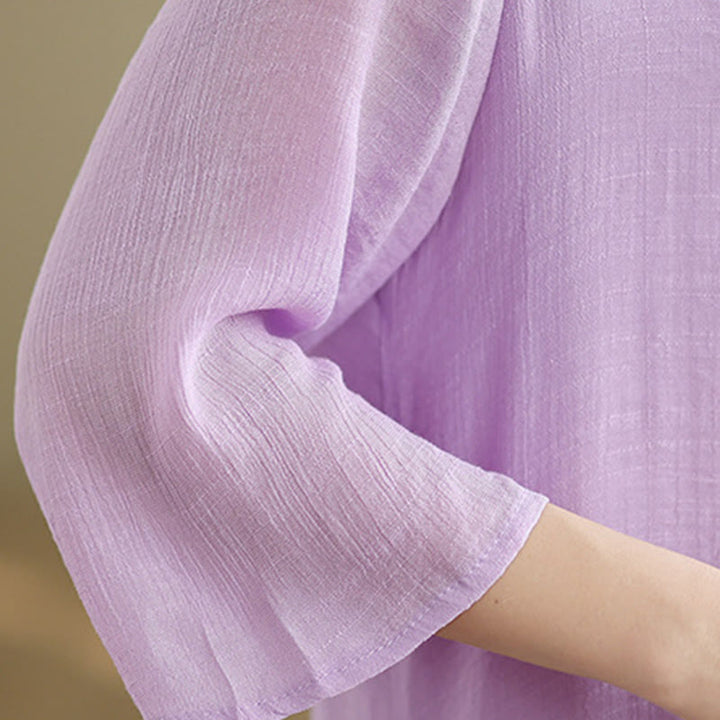 Vestido midi informal de algodón con cuello redondo, manga tres cuartos y botones de rana de Buddha Stones - image 11