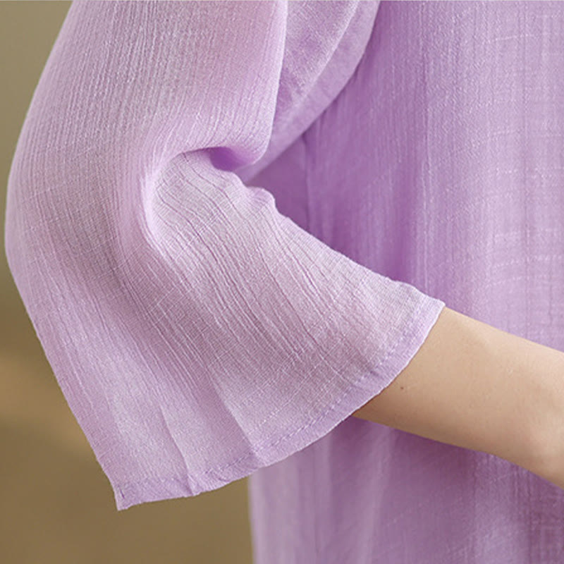 Vestido midi informal de algodón con cuello redondo, manga tres cuartos y botones de rana de Buddha Stones - image 9