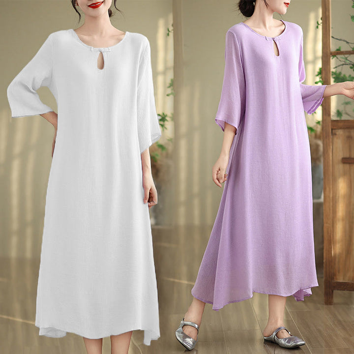 Vestido midi informal de algodón con cuello redondo, manga tres cuartos y botones de rana de Buddha Stones - image 17