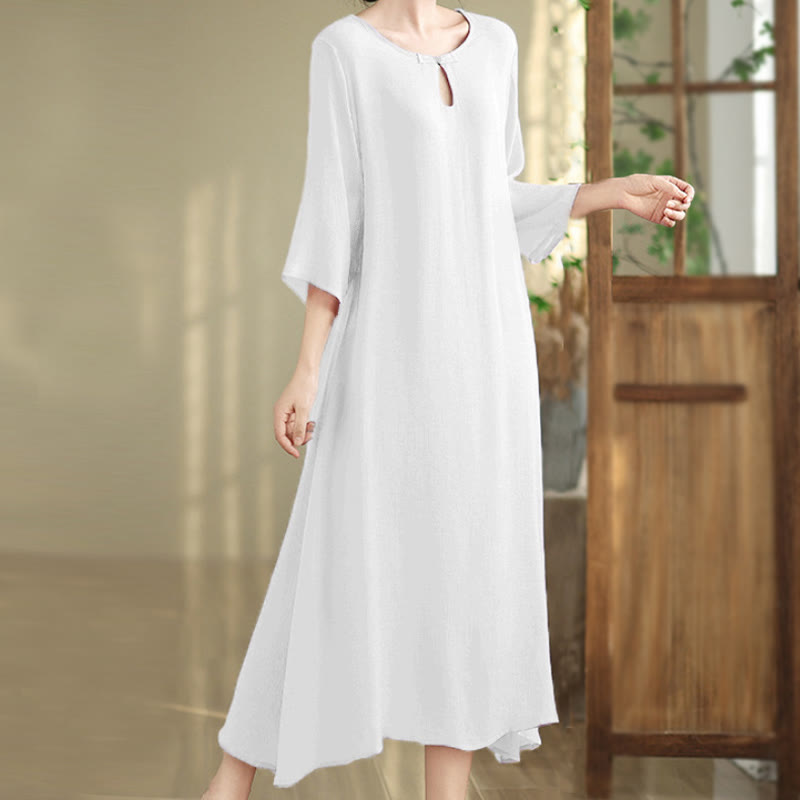 Vestido midi informal de algodón con cuello redondo, manga tres cuartos y botones de rana de Buddha Stones - Blanco - US8-10，UK/AU12-14，EU40-42 (2XL) - image 14