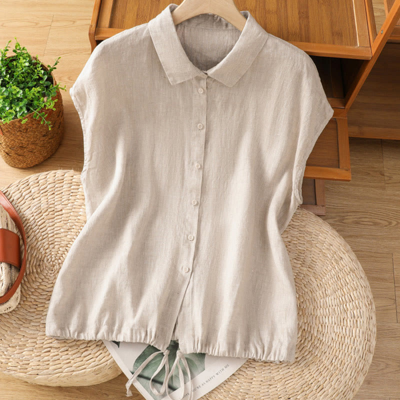 Camisa de algodón de manga corta con botones de color liso de verano para mujer con Buddha Stones - Lino - US14，UK/AU18，EU46 (2XL) - image 23