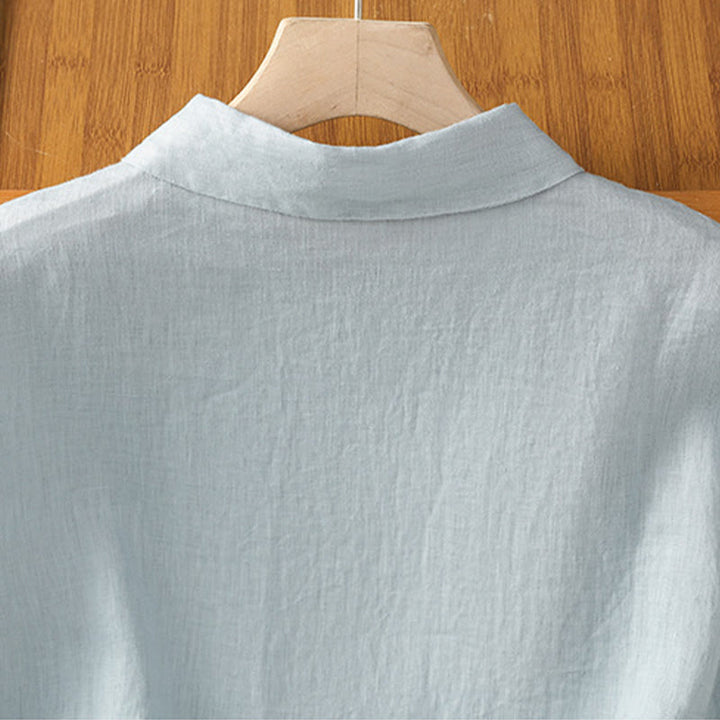 Camisa de algodón de manga corta con botones de color liso de verano para mujer con Buddha Stones - image 5