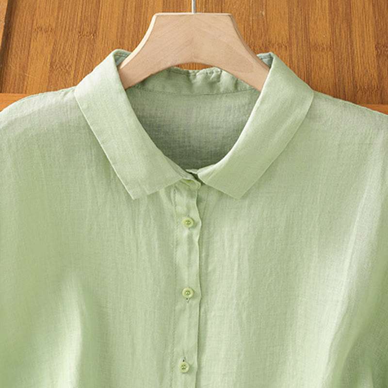 Camisa de algodón de manga corta con botones de color liso de verano para mujer con Buddha Stones - image 17