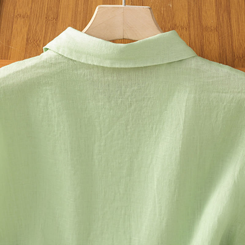Camisa de algodón de manga corta con botones de color liso de verano para mujer con Buddha Stones - image 19