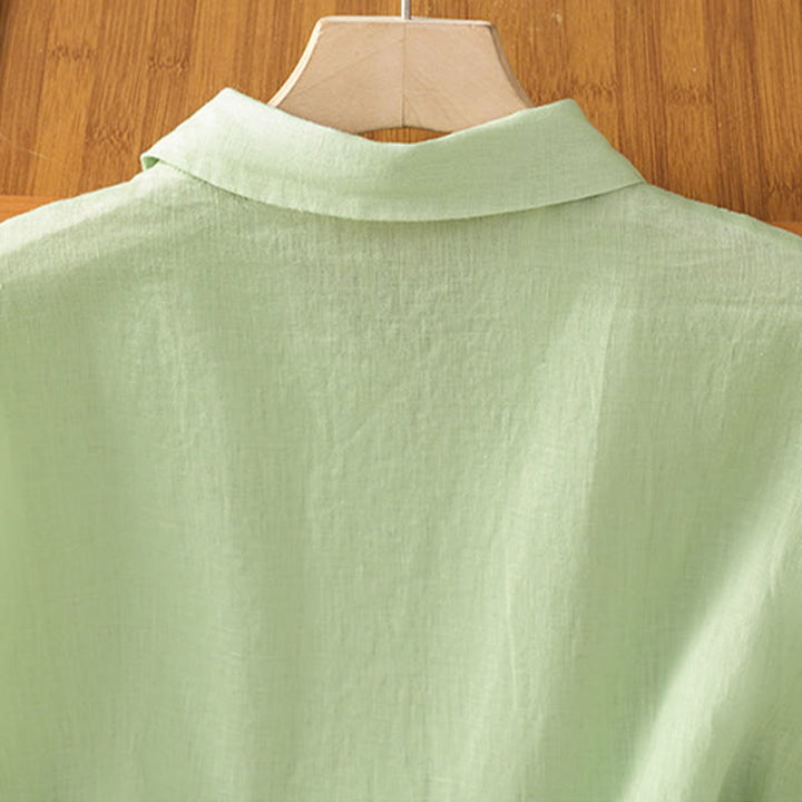 Camisa de algodón de manga corta con botones de color liso de verano para mujer con Buddha Stones - image 19