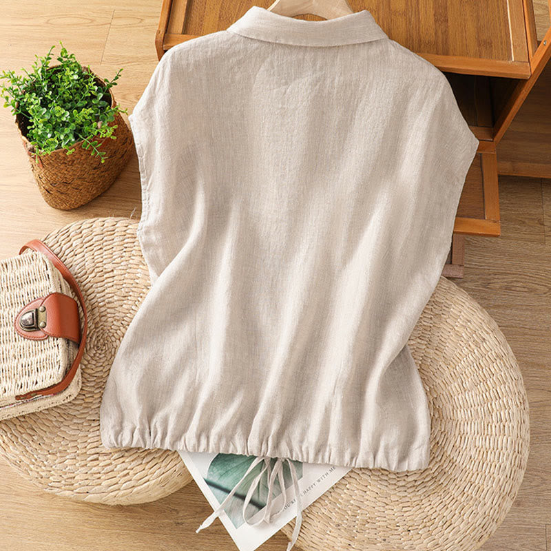 Camisa de algodón de manga corta con botones de color liso de verano para mujer con Buddha Stones - image 24