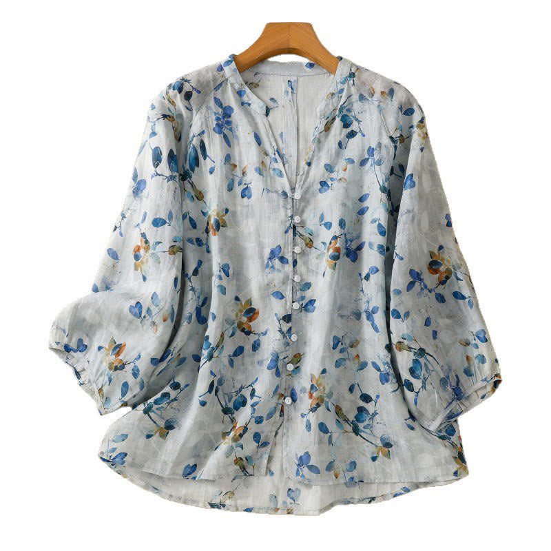 Camisa de algodón para mujer con cuello en V, manga tres cuartos y estampado floral azul Buddha Stones - image 16