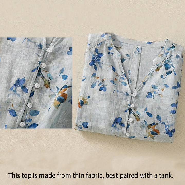 Camisa de algodón para mujer con cuello en V, manga tres cuartos y estampado floral azul Buddha Stones - image 3