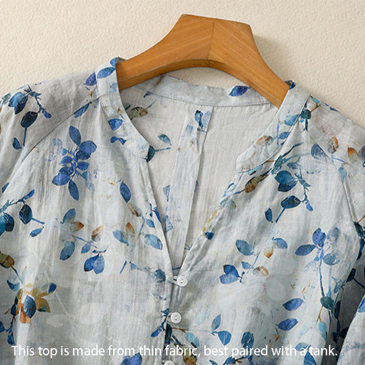 Camisa de algodón para mujer con cuello en V, manga tres cuartos y estampado floral azul Buddha Stones - image 5