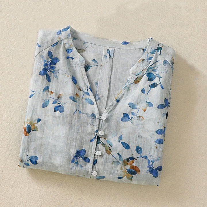 Camisa de algodón para mujer con cuello en V, manga tres cuartos y estampado floral azul Buddha Stones - image 2