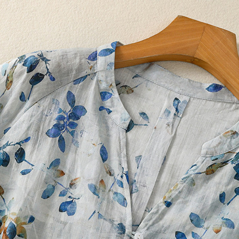 Camisa de algodón para mujer con cuello en V, manga tres cuartos y estampado floral azul Buddha Stones - image 7