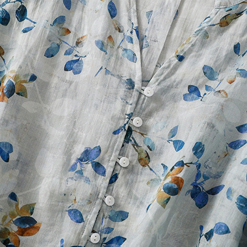 Camisa de algodón para mujer con cuello en V, manga tres cuartos y estampado floral azul Buddha Stones - image 9