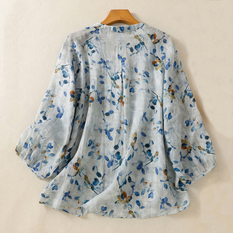 Camisa de algodón para mujer con cuello en V, manga tres cuartos y estampado floral azul Buddha Stones - image 1