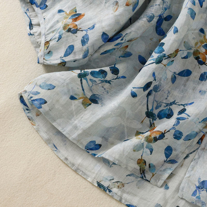 Camisa de algodón para mujer con cuello en V, manga tres cuartos y estampado floral azul Buddha Stones - image 11